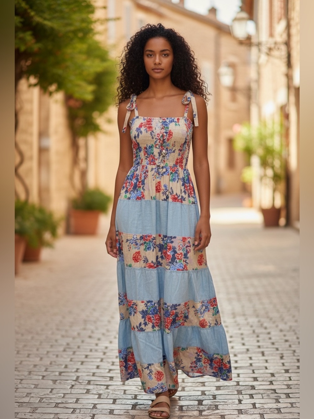 36 Point 5 Blue and Cream Floral Tiered Maxi Dress